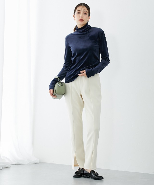 パンツ ワイド トールサイズ レディース 高身長 裏起毛フロントカット arim 冬 オフホワイト/黒 M/L ニッセン nissen agesugi_sfaの通販は