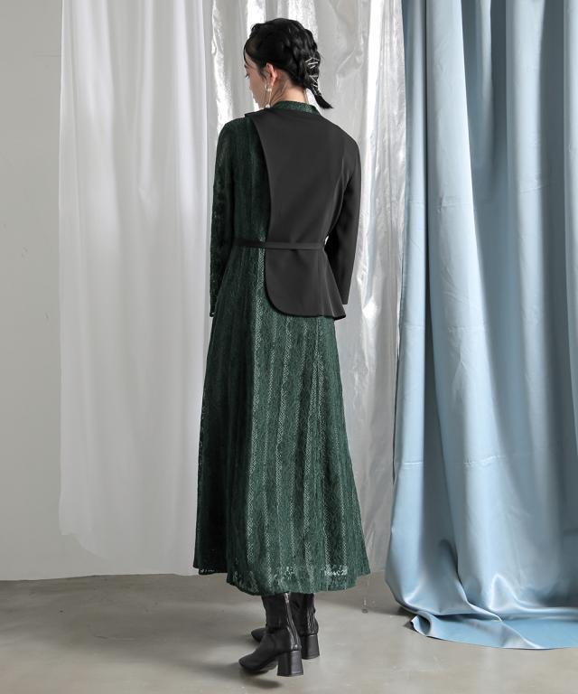 ドレス ワンピース レディース 結婚式 パーティー オケージョン 起毛 レース 使いアシメジレ デザイン ｜ 有〔Callarus〕 グリーン系/黒系 LL/3L ニッセン nissen ドレス ワンピース レディース 結婚式 パーティー オケージョン 起毛
