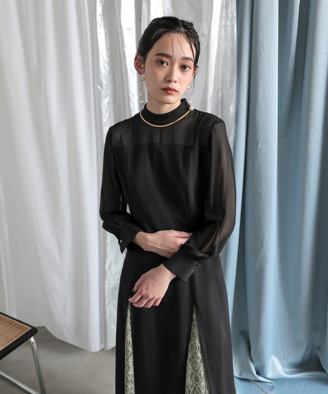 ドレス ワンピース レディース 結婚式 パーティー オケージョン 裾スリット レース デザイン ｜ 有〔Callarus〕 グリーン/黒 S/M/L ニッセン nissen_6
