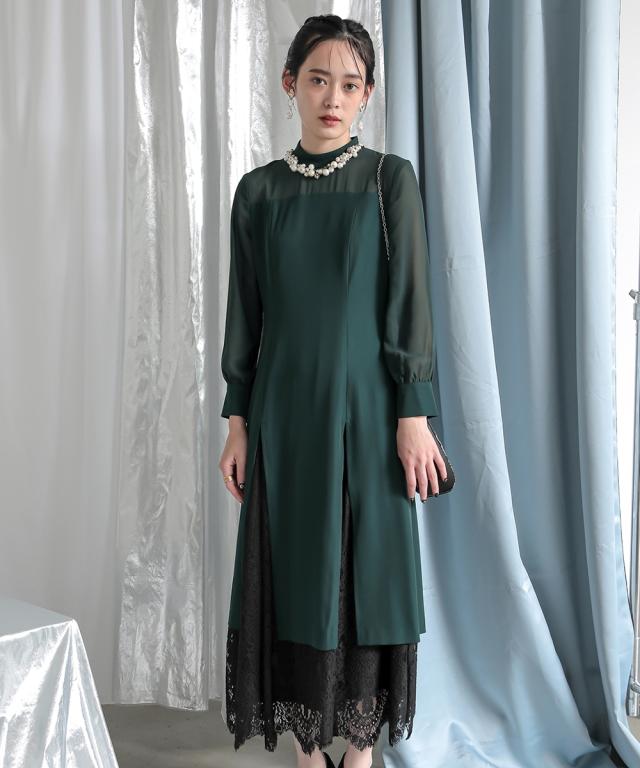 ドレス ワンピース レディース 結婚式 パーティー オケージョン 裾スリット レース デザイン ｜ 有〔Callarus〕 グリーン/黒 S/M/L ニッセン nissen_10