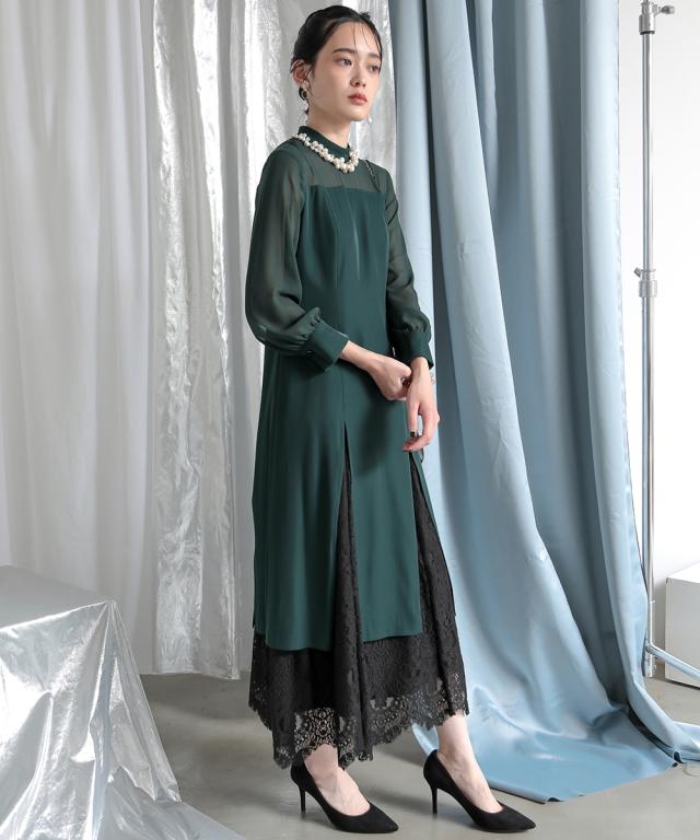 ドレス ワンピース レディース 結婚式 パーティー オケージョン 裾スリット レース デザイン ｜ 有〔Callarus〕 グリーン/黒 S/M/L ニッセン nissen_12