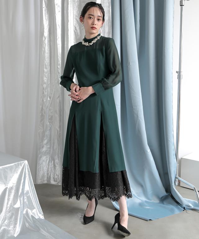 ドレス ワンピース レディース 結婚式 パーティー オケージョン 裾スリット レース デザイン ｜ 有〔Callarus〕 グリーン/黒 S/M/L ニッセン nissen_13