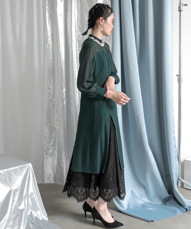 ドレス ワンピース レディース 結婚式 パーティー オケージョン 裾スリット レース デザイン ｜ 有〔Callarus〕 グリーン/黒 S/M/L ニッセン nissen_14