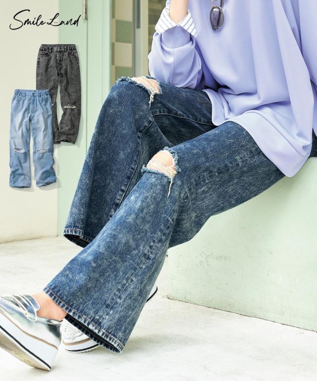 大きいサイズ 綿100％ゆるストレートクラッシュデニムパンツ（ゆったりヒップ） ニッセン nissen agesugi_sfaの通販は