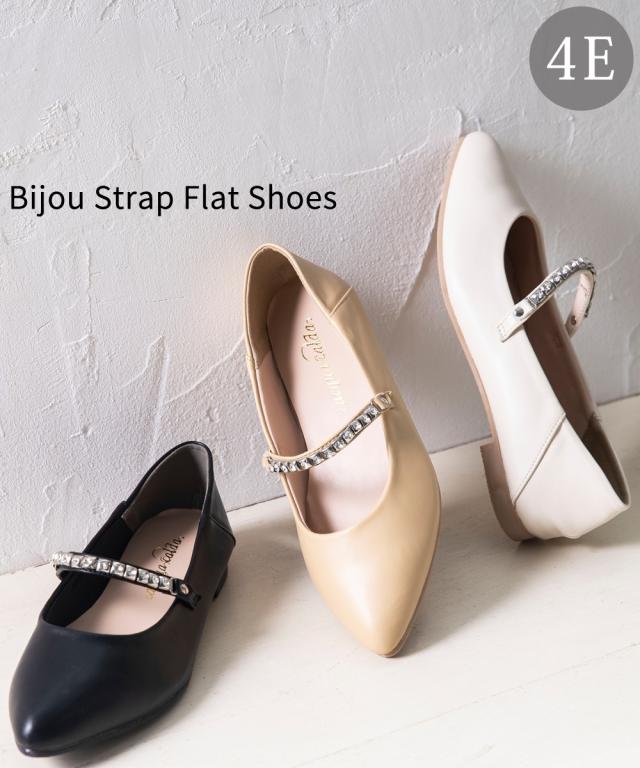 【ゆったり幅広】ビジューストラップフラットシューズ（低反発中敷）（ワイズ４Ｅ） ニッセン nissen agesugi_sfaの通販は 4,847円