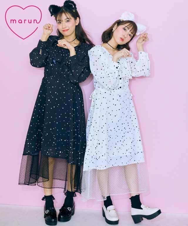 ワンピース ロング マキシ 大きいサイズ レディース オリジナルドット プリント ねこ marun  ひざ下 ホワイト/黒 6L/8L/10L ニッセン nissen agesugi_sfaの通販は