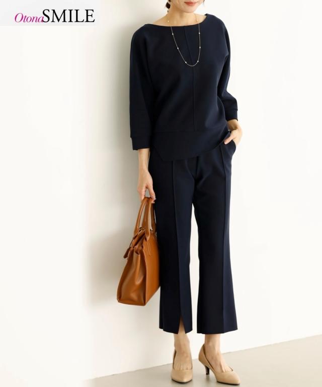 Tシャツ カットソー レディース 2点セット トップス ＋クロップド パンツ OtonaSMILE ネイビー/ライトグレー M〜5L ニッセン nissen