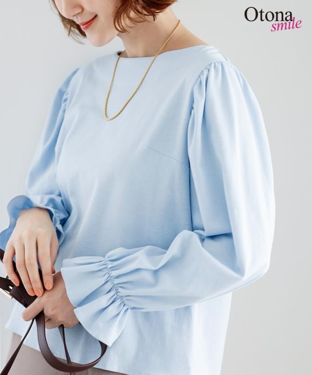 Tシャツ カットソー レディース 綿100％ ブラウス 見え プルオーバー OtonaSMILE サックス/黒 M〜5L ニッセン nissen agesugi_sfaの通販は