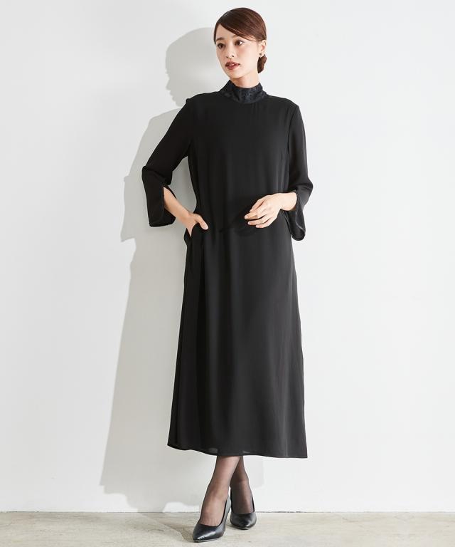 喪服 礼服 ブラックフォーマル ワンピース レディース 日本製生地使用 洗える防しわスタンド カラー カットジャガード使い デザイン 有 〔Callarus〕 冠婚葬祭 フォーマルワンピース 黒 S/M/L ニッセン nissen_17