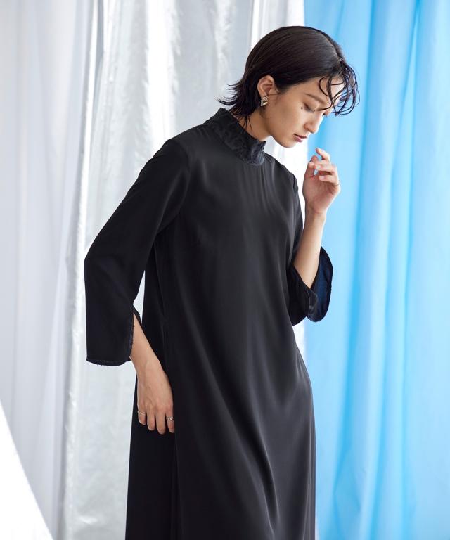喪服 礼服 ブラックフォーマル ワンピース レディース 日本製生地使用 洗える防しわスタンド カラー カットジャガード使い デザイン 有 〔Callarus〕 冠婚葬祭 フォーマルワンピース 黒 S/M/L ニッセン nissen_18