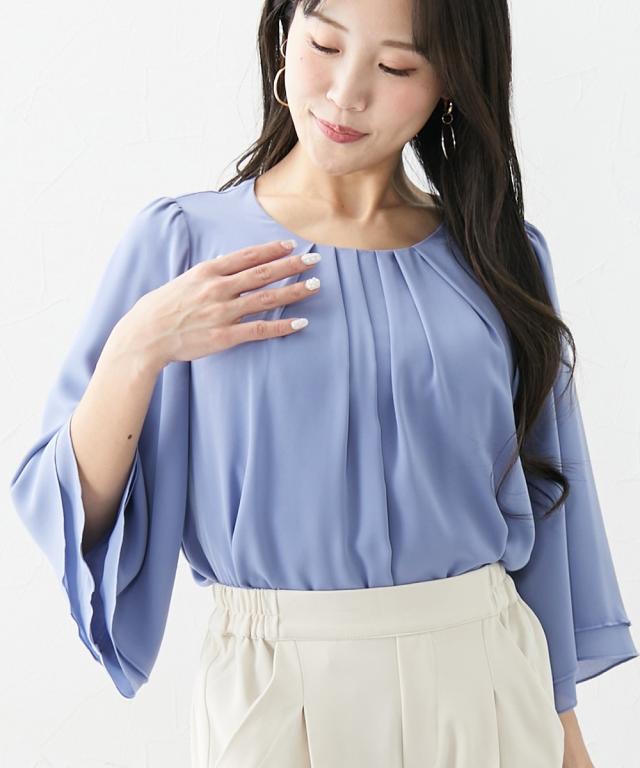 シャツ ブラウス レディース 大きい胸専用 タック入 デザイン フレア7分袖ジョーゼット M/L ニッセン nissen 大きい胸専用】タック入デザインフレア7分袖ジョーゼット