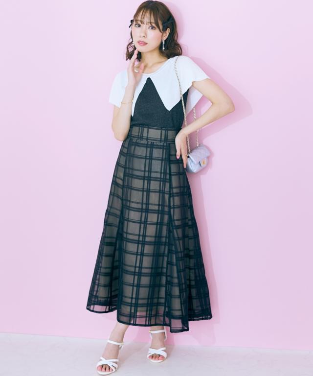 ロングスカート 大きいサイズ レディース シアーチェック スカート marun マキシスカート 長め ロンスカ グリーン/黒 6L/8L/10L ニッセン nissen_1