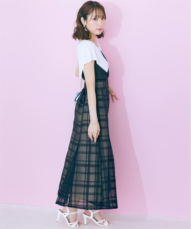 ロングスカート 大きいサイズ レディース シアーチェック スカート marun  マキシスカート 長め ロンスカ グリーン/黒 6L/8L/10L ニッセン nissen ロングスカート 大きいサイズ レディース シアーチェック スカート