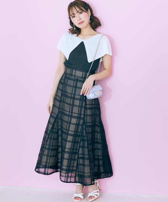 ロングスカート 大きいサイズ レディース シアーチェック スカート marun マキシスカート 長め ロンスカ グリーン/黒 6L/8L/10L ニッセン nissen_3