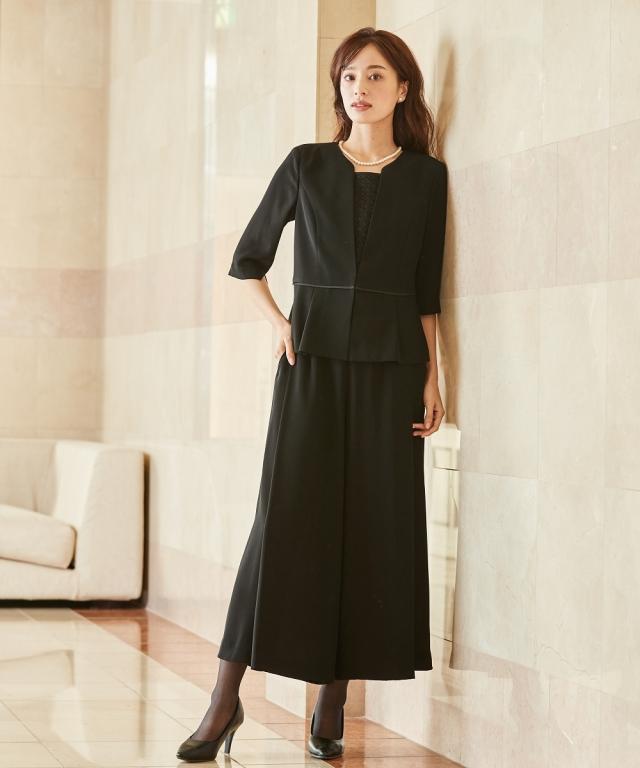 喪服 礼服 ブラックフォーマル パンツスーツ レディース 洗える防しわアンサンブル風 セットアップ パンツ スーツ 有  冠婚葬祭 S/M/L ニッセン nissen agesugi_sfaの通販は