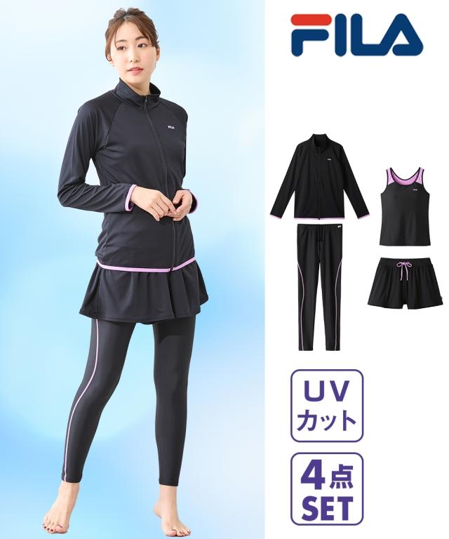FILA 水着 フィットネス 競泳 レディース 長袖 トップス ＆ キュロット 付タンク 4点セット  水泳 トレーニング 運動 ジム 4L/5L/6L ニッセン nissen