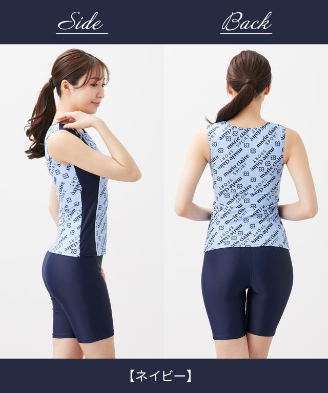marie claire SPORT 水着 フィットネス 競泳 大きいサイズ レディース 全開ジップ ノースリーブ タンキニ 2点セット 水泳 M/L/LL/3L ニッセン nissen