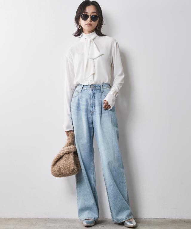 ワイドパンツ レディース 綿100％ タック バギー デニム パンツ シックス タイル 春 夏 秋 冬 ゆったり  | ウエスト73/76/80/84/88cm | ニッセン nissen ワイドパンツ レディース 綿100％ タック バギー デニム パンツ