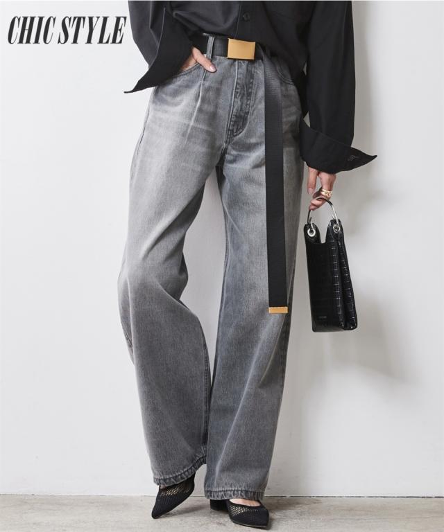 ワイドパンツ 大きいサイズ レディース 綿100％ タック バギー デニム パンツ シックス タイル 春 夏 秋 冬 ゆったり  | ウエスト92〜122cm | ニッセン nissen
