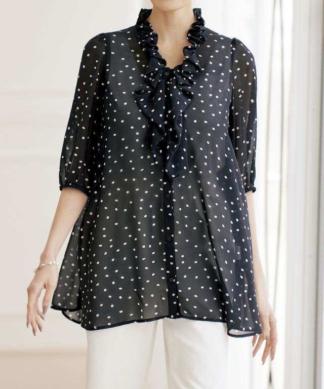 チュニック シニア ファッション ドットシフォンフリル襟 ブラウス  体型カバー お尻隠れる M/L/LL ニッセン nissen