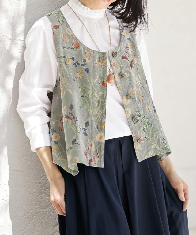 ベスト シニア ファッション 麻綿 プリント ポケット付 夏  重ね着 レイヤード M/L/LL ニッセン nissen agesugi_sfaの通販は 11,000円