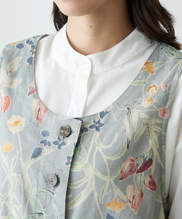 ベスト シニア ファッション 麻綿 プリント ポケット付 夏 重ね