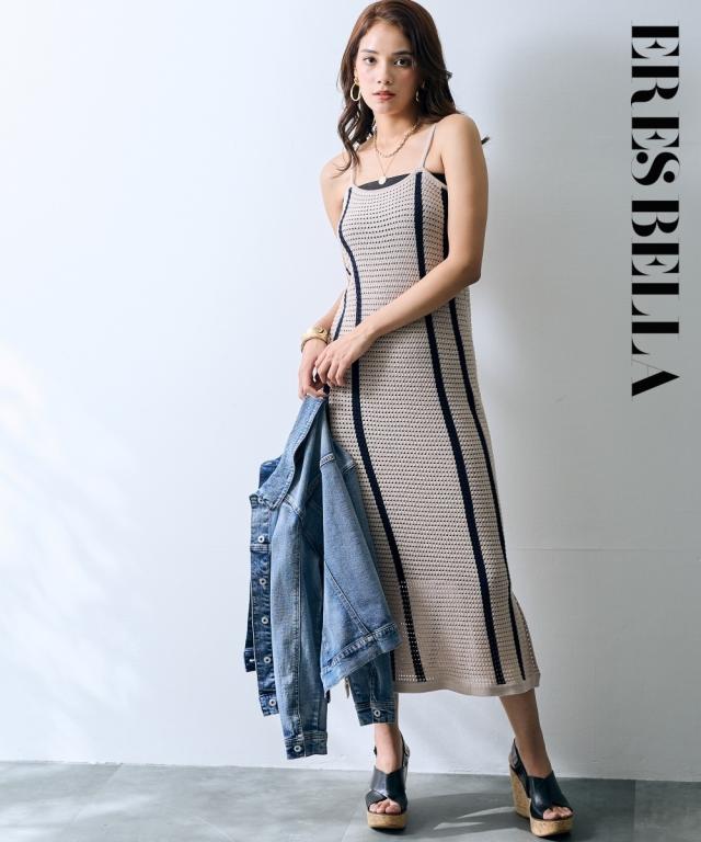 ワンピース ロング マキシ レディース ストライプ柄 ニット キャミソール ERES BELLA 冬  ひざ下 LL/3L ニッセン nissen agesugi_sfaの通販は 7,689円