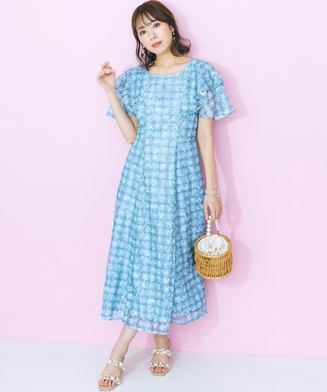 ワンピース ロング マキシ 大きいサイズ レディース フラワーチェック デザイン marun 夏 ひざ下  | 6L/8L/10L | ニッセン nissen ワンピース ロング マキシ 大きいサイズ レディース チェック×花柄