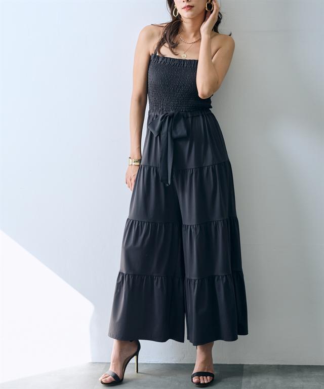 サロペット オールインワン オーバーオール レディース シャーリング