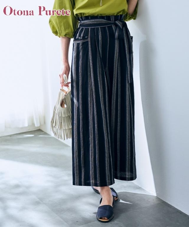 ワイドパンツ レディース 綿混リボン ベルト付ワイド パンツ Otona Purete  ゆったり 体型カバー 美脚 ボトムス ズボン M/L ニッセン nissen agesugi_sfaの通販は 6,039円