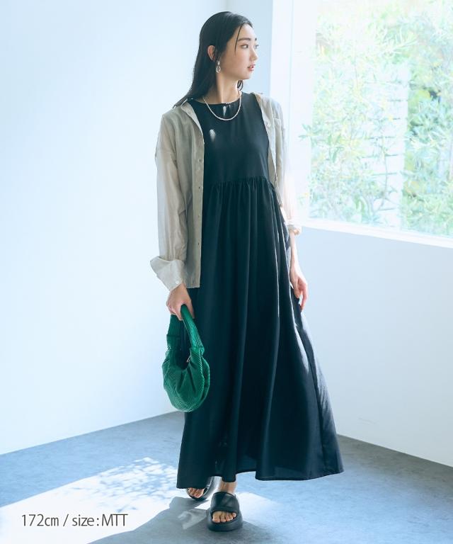 衣装 ロング マキシ トール大きさ レディース 高身たけ リネン ライクマルチウェイフリル衿 Essenave  ひざ下 LL/3L ニッセン nissen