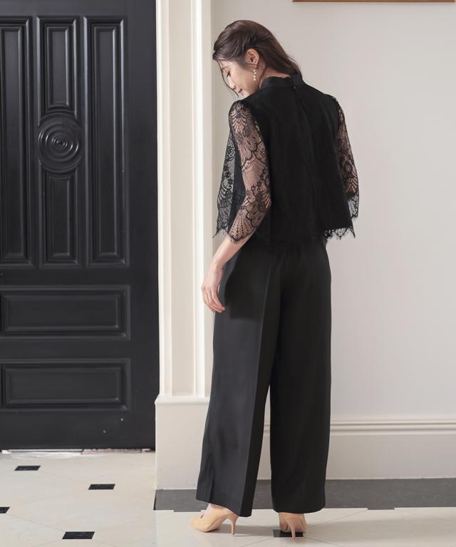 パーティドレス パンツ 大きいサイズ レディース 結婚式 パーティー ドレス レース スカラップ ブラウス ＋ワイド セットアップ 有 4L/5L ニッセン nissen agesugi_sfaの通販は