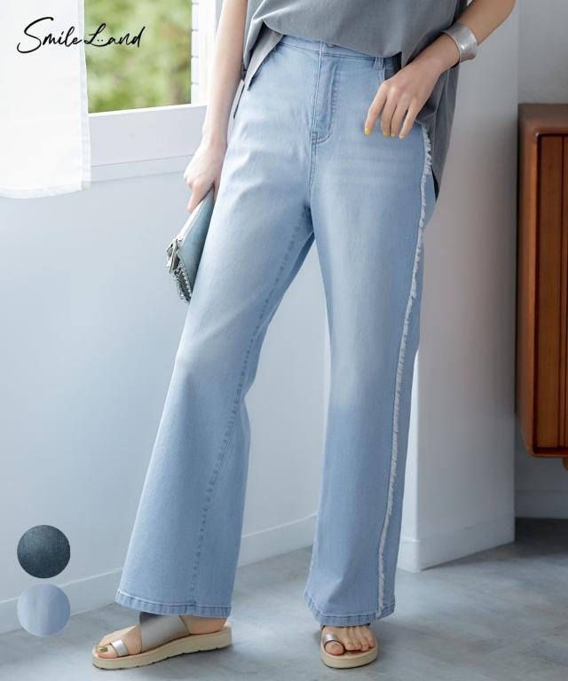 ストレートパンツ 大きいサイズ レディース サイドフリンジ デニム パンツ  美脚 ボトムス ズボン L/LL/3L/4L/5L ニッセン nissen agesugi_sfaの通販は 5,160円