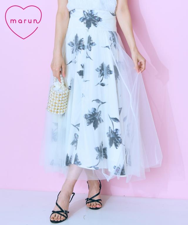 ロングスカート 大きいサイズ レディース オーバーチュールフラワー プリント スカート marun  マキシスカート 長め ロンスカ 6L/8L/10L ニッセン nissen