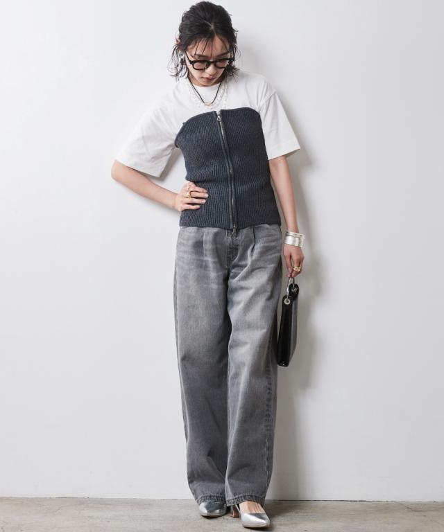 大きいサイズ レディース ダブルジップ ニット ビスチェ シックス