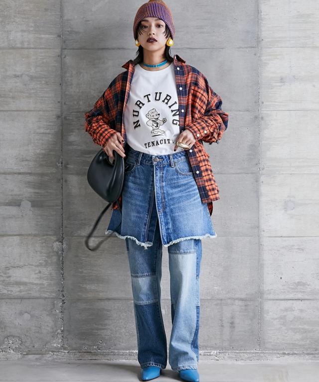 ストレートパンツ 大きいサイズ レディース 綿100％ パッチワークワイド ストレート デニム パンツ GEVS. 美脚 ボトムス ウエスト70〜88cm ニッセン nissen_7