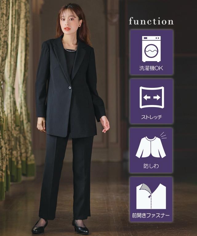 喪服 礼服 ブラックフォーマル パンツスーツ レディース 洗える防しわ北陸ジャガード使いドッキング ロング ストレッチ ジャケット パンツ スーツ ＋ オールシーズン 対応 有_2