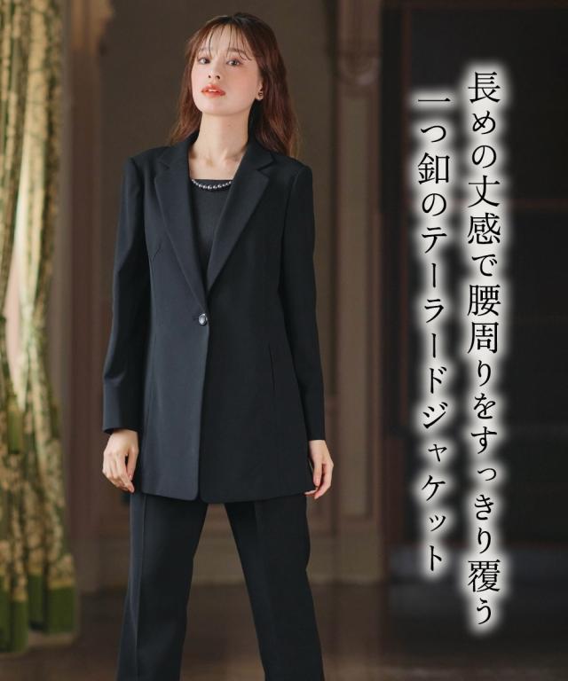 喪服 礼服 ブラックフォーマル パンツスーツ レディース 洗える防しわ北陸ジャガード使いドッキング ロング ストレッチ ジャケット パンツ スーツ ＋ オールシーズン 対応 有_7