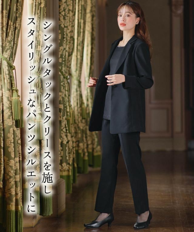 喪服 礼服 ブラックフォーマル パンツスーツ レディース 洗える防しわ北陸ジャガード使いドッキング ロング ストレッチ ジャケット パンツ スーツ ＋ オールシーズン 対応 有_8