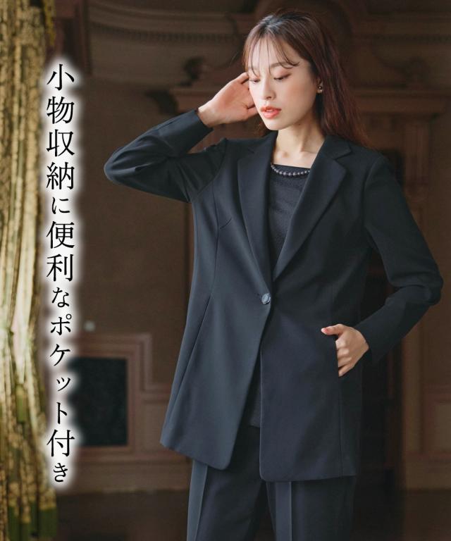 喪服 礼服 ブラックフォーマル パンツスーツ レディース 洗える防しわ北陸ジャガード使いドッキング ロング ストレッチ ジャケット パンツ スーツ ＋ オールシーズン 対応 有_11