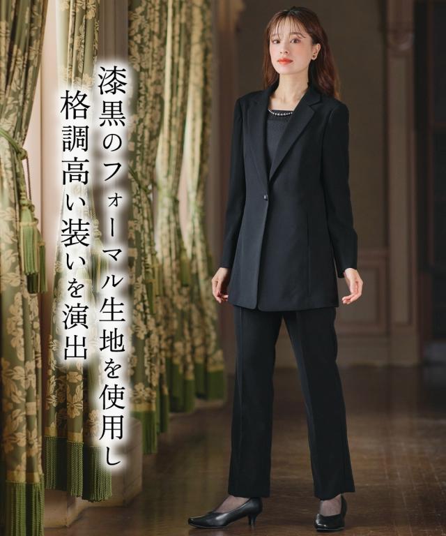 喪服 礼服 ブラックフォーマル パンツスーツ レディース 洗える防しわ北陸ジャガード使いドッキング ロング ストレッチ ジャケット パンツ スーツ ＋ オールシーズン 対応 有_14