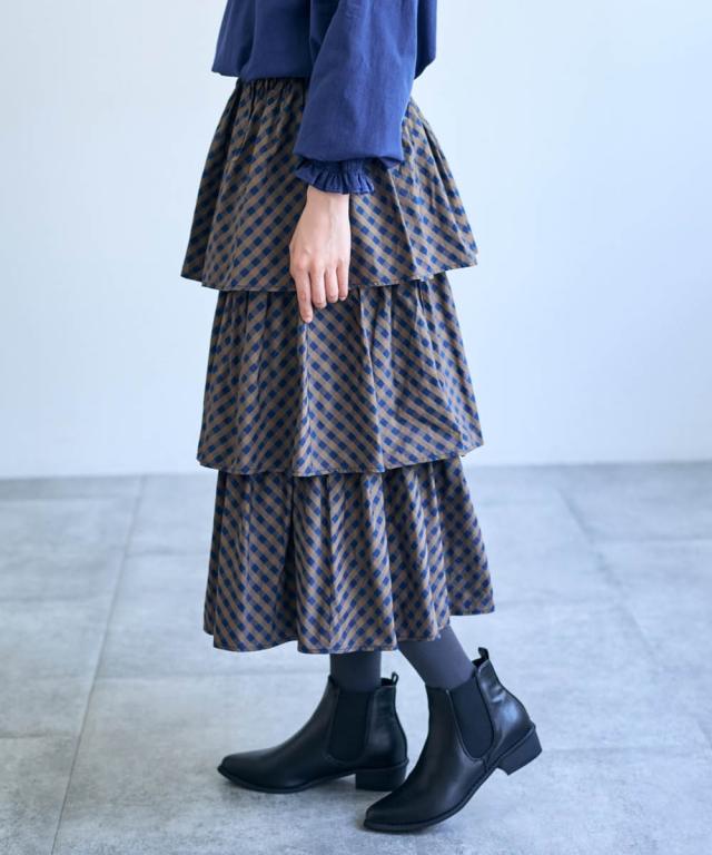 ロングスカート レディース チェック柄ティアード スカート Otona Purete マキシスカート 長め ロンスカ LL/3L/4L ニッセン nissen_5