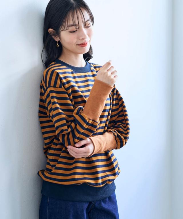 Tシャツ カットソー 大きいサイズ レディース 綿混配色リブボーダー