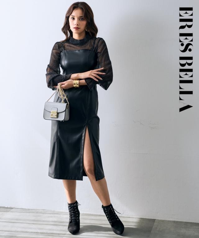 ジャンパースカート レディース フェイクレザー ロング スリット ジャンパー スカート ERES BELLA  ジャンスカ ワンピース LL/3L ニッセン nissen