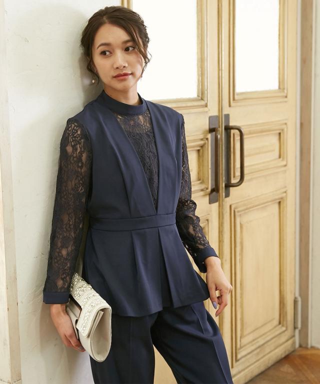 パーティドレス パンツ 大きいサイズ レディース 結婚式 パーティー ドレス スウィッチング レース ブラウス ＋テーパード 有  二次会 4L/5L ニッセン nissen agesugi_sfaの通販は