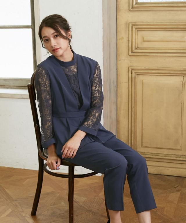 パーティドレス パンツ 大きいサイズ レディース 結婚式 パーティー ドレス スウィッチング レース ブラウス ＋テーパード 有  二次会 4L/5L ニッセン nissen agesugi_sfaの通販は