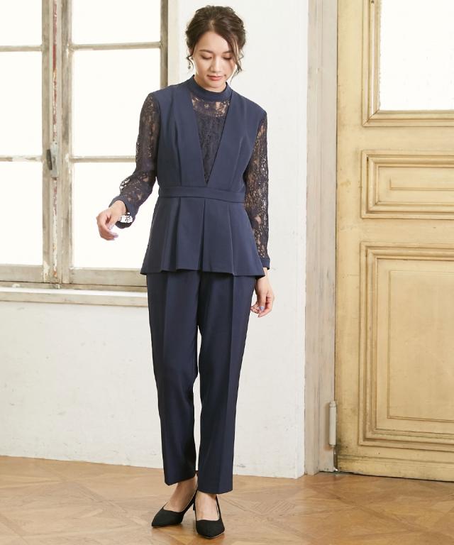 パーティドレス パンツ 大きいサイズ レディース 結婚式 パーティー ドレス スウィッチング レース ブラウス ＋テーパード 有  二次会 4L/5L ニッセン nissen agesugi_sfaの通販は