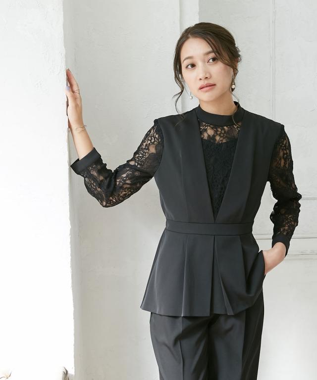 パーティドレス パンツ 大きいサイズ レディース 結婚式 パーティー ドレス スウィッチング レース ブラウス ＋テーパード 有  二次会 4L/5L ニッセン nissen agesugi_sfaの通販は