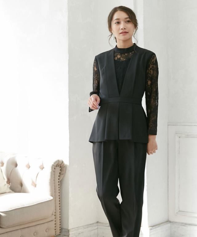 パーティドレス パンツ 大きいサイズ レディース 結婚式 パーティー ドレス スウィッチング レース ブラウス ＋テーパード 有  二次会 4L/5L ニッセン nissen agesugi_sfaの通販は