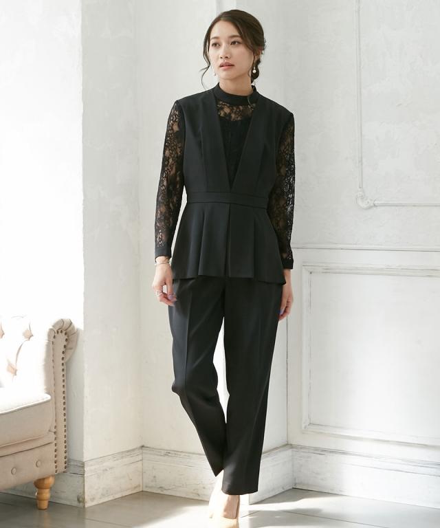 パーティドレス パンツ 大きいサイズ レディース 結婚式 パーティー ドレス スウィッチング レース ブラウス ＋テーパード 有  二次会 4L/5L ニッセン nissen agesugi_sfaの通販は